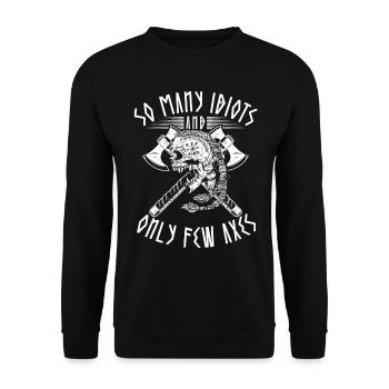 Lustiger Wikinger Krieger Spruch mit Äxten - Unisex Pullover - Schwarz - Vorne - Alina (178cm) & Michal (187cm)
