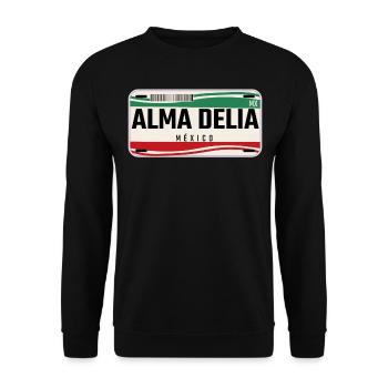 Alma Delia Personalisierte mexikanische Fahrzeugkennzeichen w - Unisex Pullover - Schwarz - Vorne - Alina (178cm) & Michal (187cm)