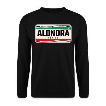 Alondra Personalisierte mexikanische Fahrzeugkennzeichen mit Namen - Unisex Pullover - Schwarz - Vorne - Alina (178cm) & Michal (187cm)