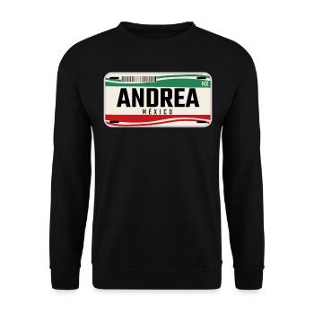 Andrea Personalisierte mexikanische Fahrzeugkennzeichen mit Namen - Unisex Pullover - Schwarz - Vorne - Alina (178cm) & Michal (187cm)