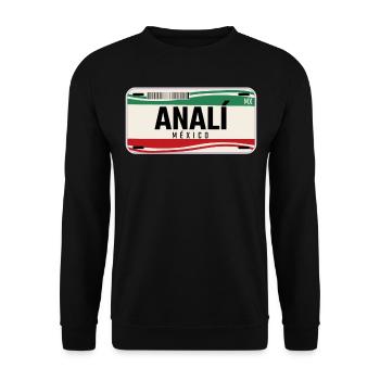 Anali Personalisierte mexikanische Fahrzeugkennzeichen mit Namen - Unisex Pullover - Schwarz - Vorne - Alina (178cm) & Michal (187cm)