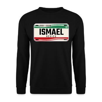 Ismael Personalisierte mexikanische Fahrzeugkennzeichen mit Namen - Unisex Pullover - Schwarz - Vorne - Alina (178cm) & Michal (187cm)