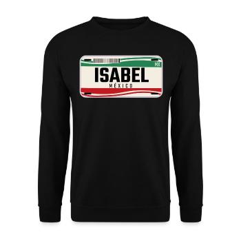 Isabel Personalisierte mexikanische Fahrzeugkennzeichen mit Namen - Unisex Pullover - Schwarz - Vorne - Alina (178cm) & Michal (187cm)