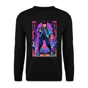 Shibuya: Cool Anime Boy avec épée japonaise - Sweat-shirt Unisexe - noir - Devant - Alina (178cm) & Michal (187cm)