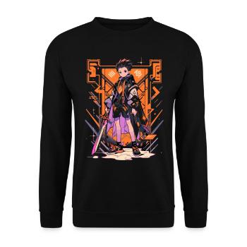 Shibuya: Cool Anime Boy avec épée japonaise - Sweat-shirt Unisexe - noir - Devant - Alina (178cm) & Michal (187cm)