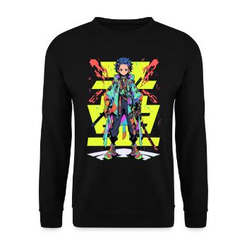 Shibuya: Cooler Anime Junge mit Schwert Japanisch - Unisex Pullover - Schwarz - Vorne - Alina (178cm) & Michal (187cm)