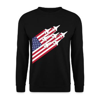 USA-Flagge und Kampfjets - Unisex Pullover - Schwarz - Vorne - Alina (178cm) & Michal (187cm)