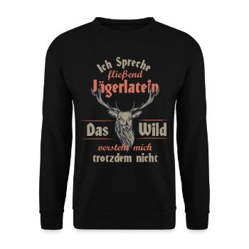 Jägerlatein versteht kein Wild - Unisex Pullover - Schwarz - Vorne - Alina (178cm) & Michal (187cm)