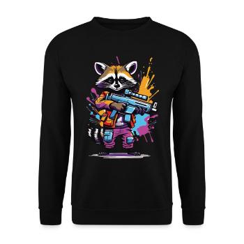 Waschbär mit Laserpistole - Unisex Pullover - Schwarz - Vorne - Alina (178cm) & Michal (187cm)