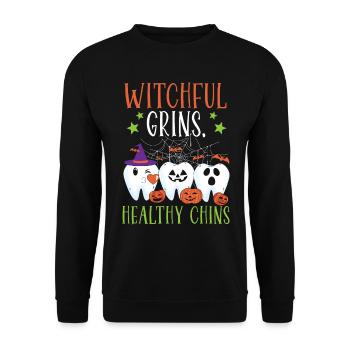 Hexenhaftes Grinsen, gesundes Kinn. - Unisex Pullover - Schwarz - Vorne - Alina (178cm) & Michal (187cm)