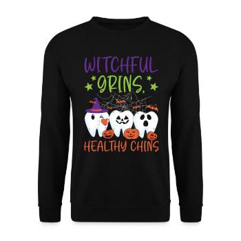 Hexenhaftes Grinsen, gesundes Kinn. - Unisex Pullover - Schwarz - Vorne - Alina (178cm) & Michal (187cm)