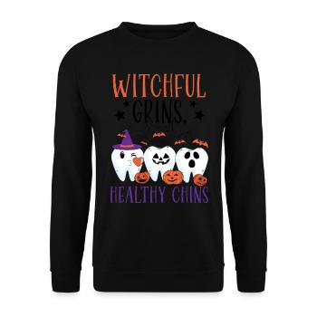 Hexenhaftes Grinsen, gesundes Kinn. - Unisex Pullover - Schwarz - Vorne - Alina (178cm) & Michal (187cm)