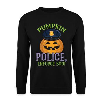 Police de la citrouille, appliquez Boo! Policier Halloween - Sweat-shirt Unisexe - noir - Devant - Alina (178cm) & Michal (187cm)