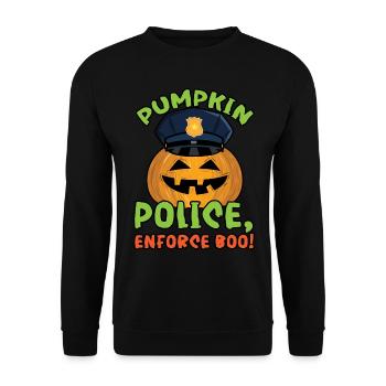 Police de la citrouille, appliquez Boo! Policier Halloween - Sweat-shirt Unisexe - noir - Devant - Alina (178cm) & Michal (187cm)