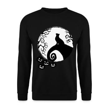 Halloween Schwarze Katze vor Vollmond mit Kürbis - Unisex Pullover - Schwarz - Vorne - Alina (178cm) & Michal (187cm)