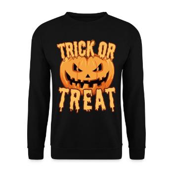 Trick or Treat Gruseliger Cartoon Halloween Kürbis - Unisex Pullover - Schwarz - Vorne - Alina (178cm) & Michal (187cm)