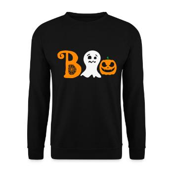 Lustiges Halloween "Boo" mit Kürbis und Gespenst - Unisex Pullover - Schwarz - Vorne - Alina (178cm) & Michal (187cm)