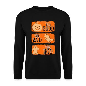 Magisches Halloween-Design - Kürbis Hexe Gespenst - Unisex Pullover - Schwarz - Vorne - Alina (178cm) & Michal (187cm)