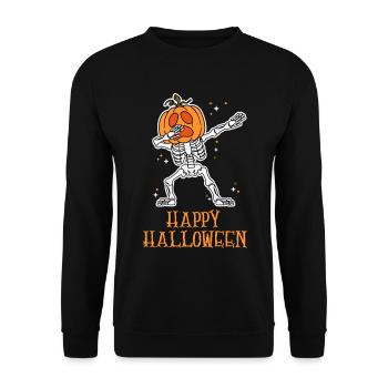 Halloween-Design: Dabbing Skelett mit Kürbiskopf - Unisex Pullover - Schwarz - Vorne - Alina (178cm) & Michal (187cm)