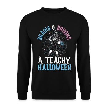 Köpfchen & Besen: Eine schaurig-schöne Halloween-L - Unisex Pullover - Schwarz - Vorne - Alina (178cm) & Michal (187cm)