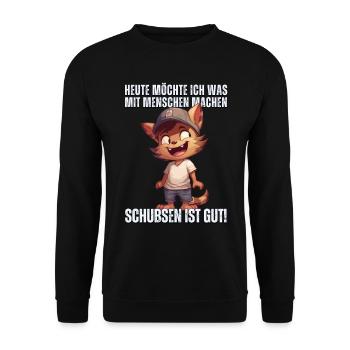 "Heute Menschen schubsen" - Sarkastische Katze - Unisex Pullover - Schwarz - Vorne - Alina (178cm) & Michal (187cm)