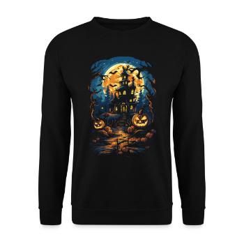 Mystisches Halloween: Spukschloss Kürbis Vollmond - Unisex Pullover - Schwarz - Vorne - Alina (178cm) & Michal (187cm)