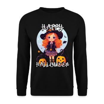 Magisches Halloween: Süße Hexe mit Kürbis Vollmond - Unisex Pullover - Schwarz - Vorne - Alina (178cm) & Michal (187cm)