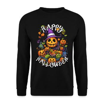 Gruselig-lustiger Kürbis: Happy Halloween! PopArt - Unisex Pullover - Schwarz - Vorne - Alina (178cm) & Michal (187cm)