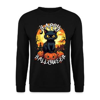 Süße Schwarze Katze auf Kürbis - Happy Halloween! - Unisex Pullover - Schwarz - Vorne - Alina (178cm) & Michal (187cm)