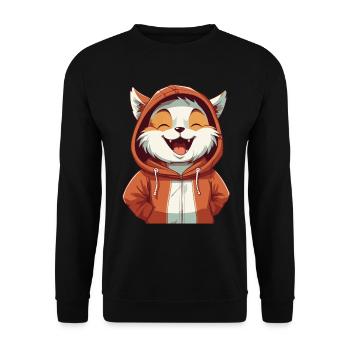 Süße Lachende Cartoon Katze im roten Hoodie - Unisex Pullover - Schwarz - Vorne - Alina (178cm) & Michal (187cm)