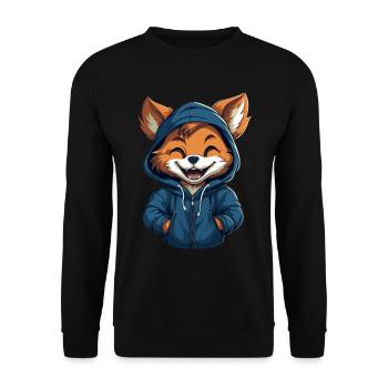 Süßer Cartoon-Fuchs im blauen Hoodie lacht frech - Unisex Pullover - Schwarz - Vorne - Alina (178cm) & Michal (187cm)