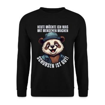 Süßer Cartoon Panda Bär: "Heute Menschen schubsen" - Unisex Pullover - Schwarz - Vorne - Alina (178cm) & Michal (187cm)