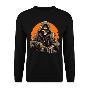Gruseliger Grim Reaper mit Vollmond Halloween - Unisex Pullover - Schwarz - Vorne - Alina (178cm) & Michal (187cm)