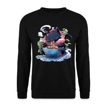 Anime Manga Kawaii Cat Eats Ramen Noodles - Unisex Sweatshirt - black - Front - Alina (178cm) & Michal (187cm)