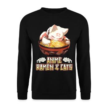 Anime Manga Kawaii Cat Eats Ramen Noodles - Unisex Sweatshirt - black - Front - Alina (178cm) & Michal (187cm)