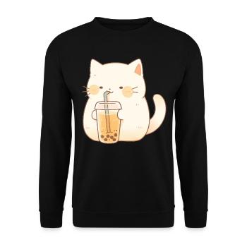 Boba and Cats Katze die Bubble Tee trinkt Anime - Unisex Pullover - Schwarz - Vorne - Alina (178cm) & Michal (187cm)