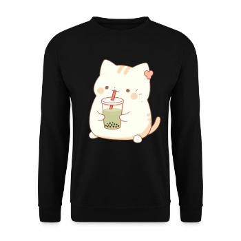 Boba and Cats Katze die Bubble Tee trinkt Anime - Unisex Pullover - Schwarz - Vorne - Alina (178cm) & Michal (187cm)