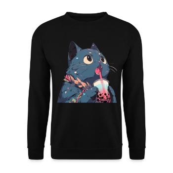 Boba and Cats Katze die Bubble Tee trinkt Anime - Unisex Pullover - Schwarz - Vorne - Alina (178cm) & Michal (187cm)