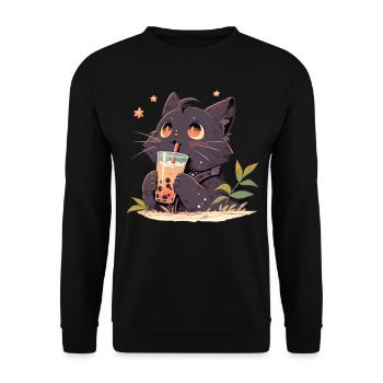 Boba and Cats Katze die Bubble Tee trinkt Anime - Unisex Pullover - Schwarz - Vorne - Alina (178cm) & Michal (187cm)