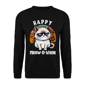 Süß & Gruselig Happy Halloween mit genervter Katze - Unisex Pullover - Schwarz - Vorne - Alina (178cm) & Michal (187cm)