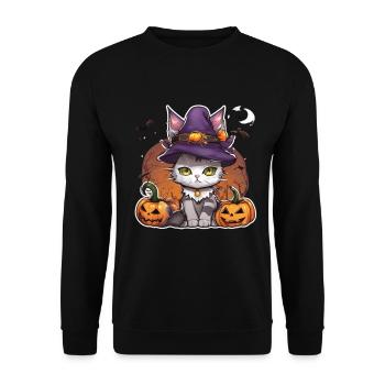 Weiße katze Katze Halloween Katze Hexe hexen Hut - Unisex Pullover - Schwarz - Vorne - Alina (178cm) & Michal (187cm)
