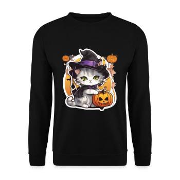 Weiße katze Katze Halloween Katze Hexe hexen Hut - Unisex Pullover - Schwarz - Vorne - Alina (178cm) & Michal (187cm)