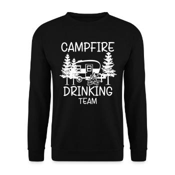 Camping Abenteuer: Lagerfeuer und Trinken im Wald - Unisex Pullover - Schwarz - Vorne - Alina (178cm) & Michal (187cm)