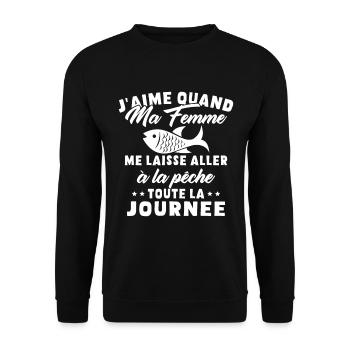 J'aime Quand ma Femme me Laisse Aller à la pêche - Sweat-shirt Unisexe - noir - Devant - Alina (178cm) & Michal (187cm)