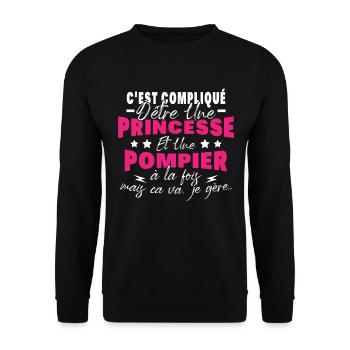 Princesse et Pompier, Humour Cadeau Pompier Femme - Sweat-shirt Unisexe - noir - Devant - Alina (178cm) & Michal (187cm)