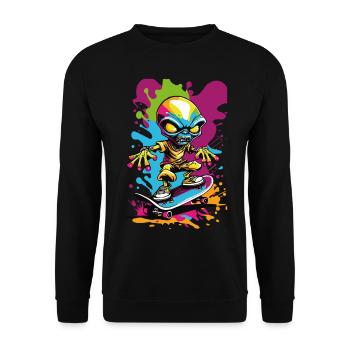 Alien auf Skateboard bunte Illustration - Unisex Pullover - Schwarz - Vorne - Alina (178cm) & Michal (187cm)