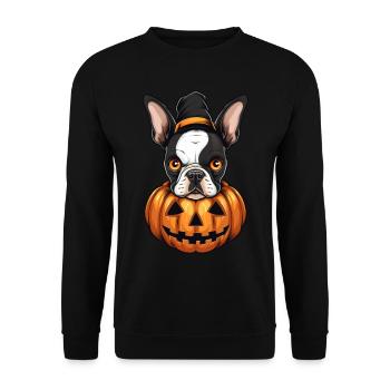 Boston Terrier Hundekürbis Faule Halloween-Party - Unisex Pullover - Schwarz - Vorne - Alina (178cm) & Michal (187cm)