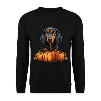 Dackel Hund Kürbis Lazy Halloween Party Kostüm - Unisex Pullover - Schwarz - Vorne - Alina (178cm) & Michal (187cm)