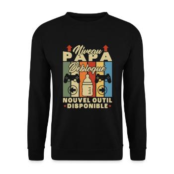 Niveau Papa Débloqué, Futur Père Annonce Grossesse - Sweat-shirt Unisexe - noir - Devant - Alina (178cm) & Michal (187cm)