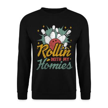 Rollin with my Homies Retro Bowling Geschenk - Unisex Pullover - Schwarz - Vorne - Alina (178cm) & Michal (187cm)